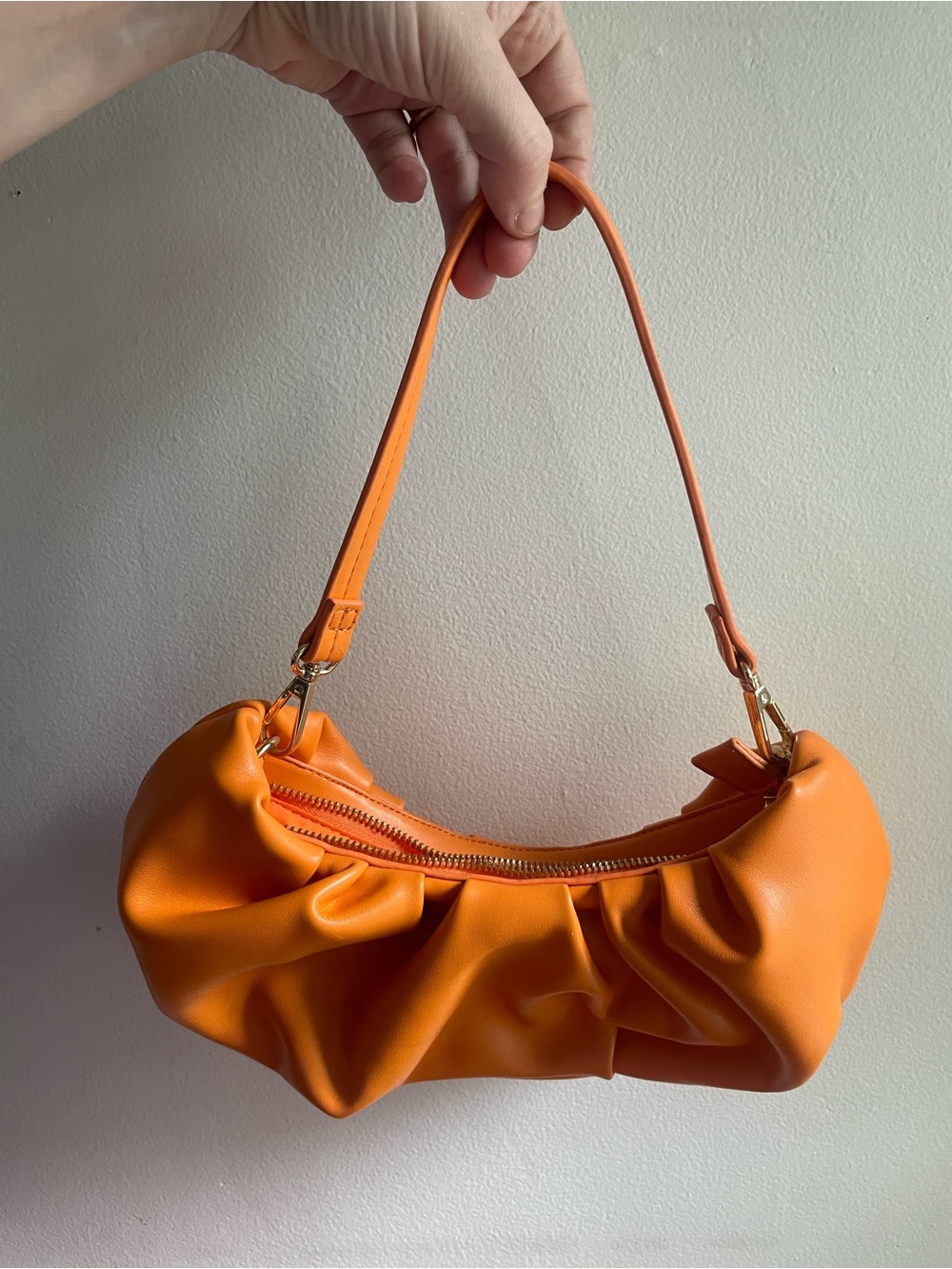 Ruched Orange Shoulder Bag with Zip Closure